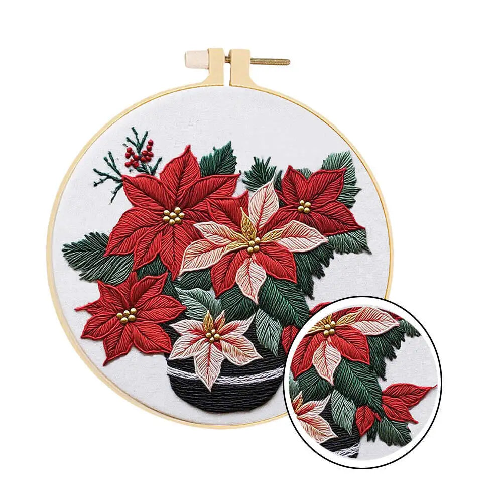 1set Embroidery Kits Flower With Hoop Needlework Suitable Beginners Pattern Floral Thread DIY Handmade Home Decor