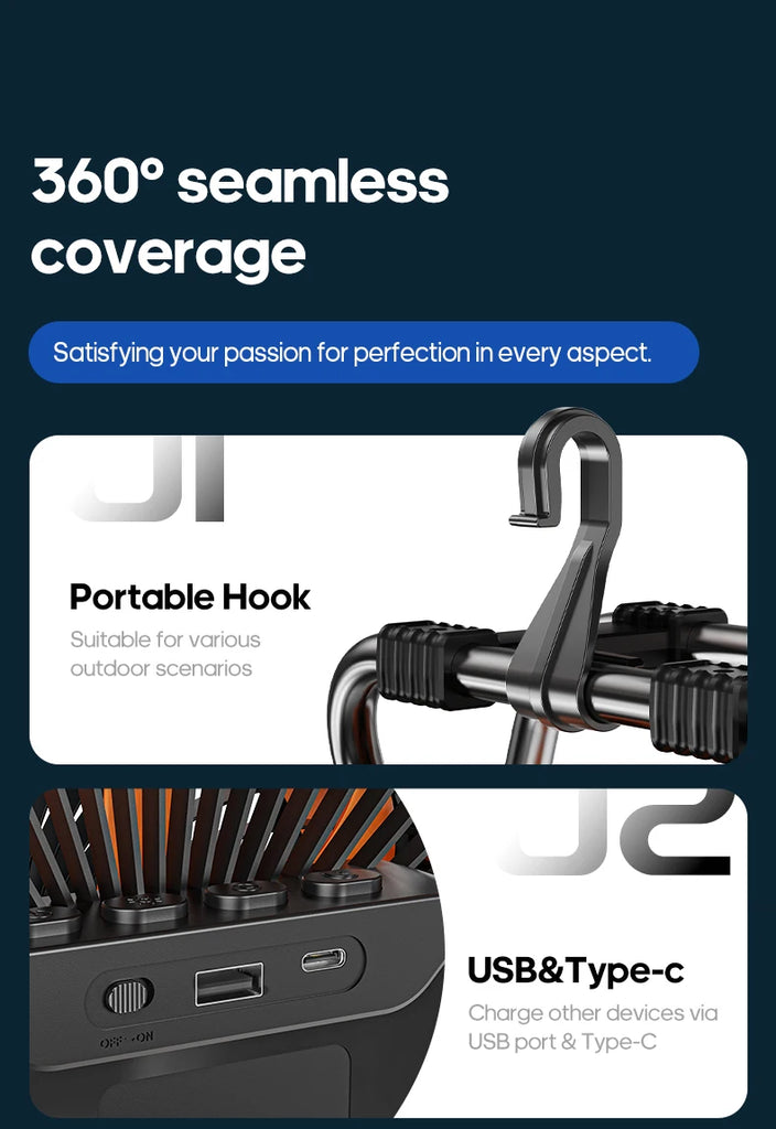 Portable 6 in 1 Outdoor Camping Fan 20000mAh Rechargeable Wireless Tent Ceiling Fan 4 Speed Adjustment LED Lighting Power Bank