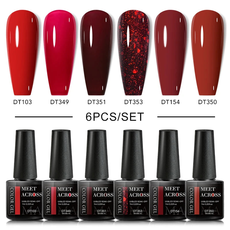 MEET ACROSS 6PCS/SET Macaron Series Gel Nail Polish Set Glitter Semi Permanent UV Nail Kit Base Matte Top Coat Nail Art Manicure