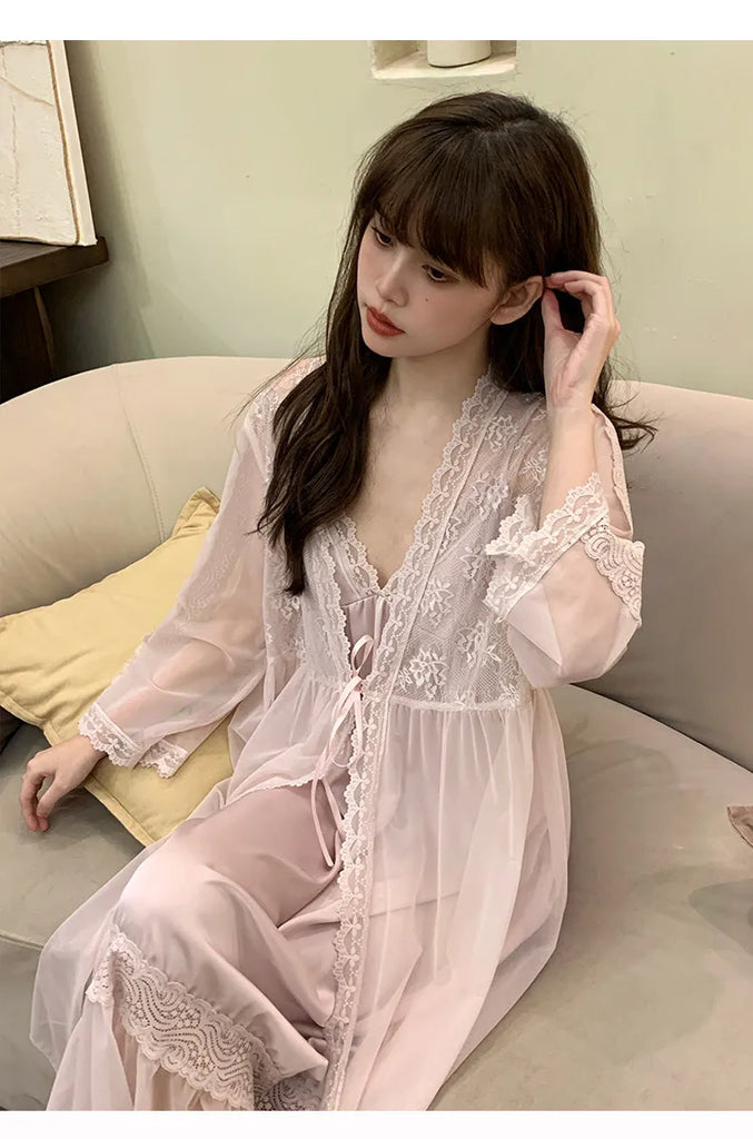 Female Nighty&Robe Set Perspective Temptation Nightgown Intimate Lingerie Spring Summer Silk Satin Sleepwear Loose Home Dress