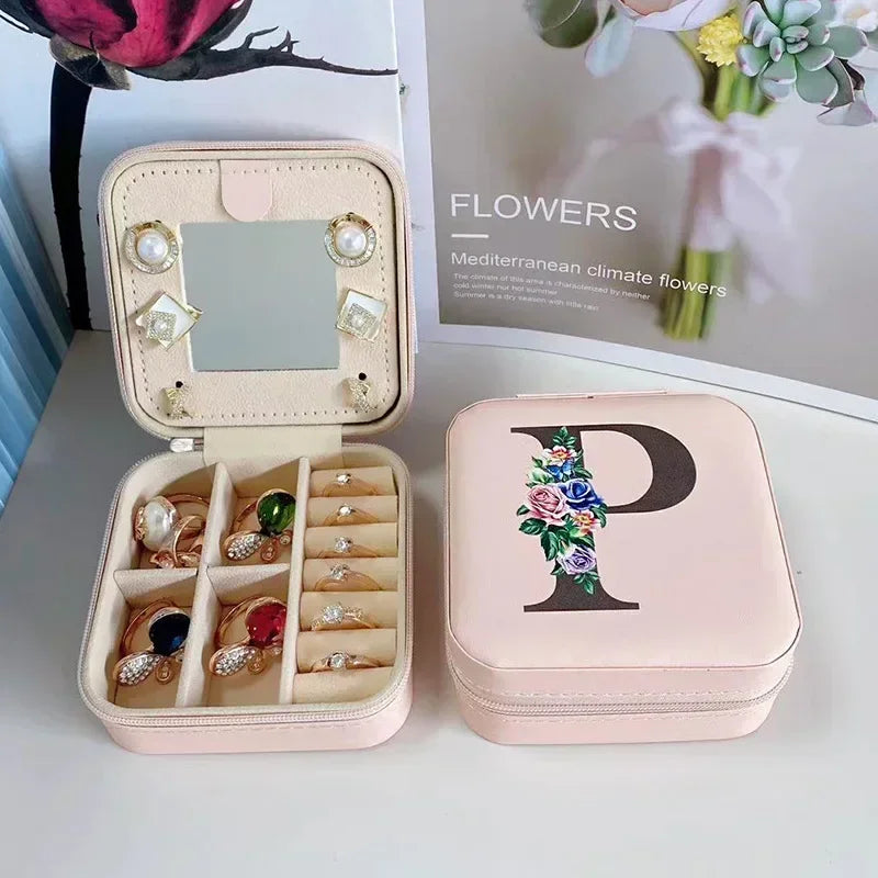 Flower&alphabet Jewelry Box Ring Boxes Travel Leather Jewellery Case Letter Print Bridesmaid Proposal Birthday Christmas Gift