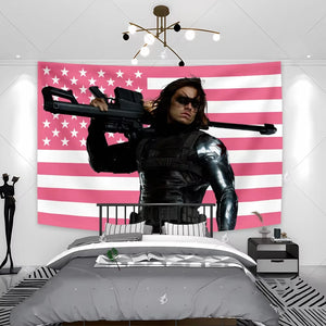 Bucky Barnes Flag Tapestry Pink American Flags Banner Aesthetic Wall Art Decor Bedroom Home Decor Background Cloth Festival Gift
