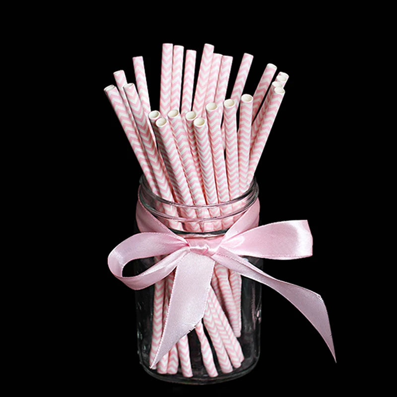 25PCS Party Straws For Juice Cocktails Smoothies Birthday Wedding Christmas Decorations Biodegradable Pink Paper Straws