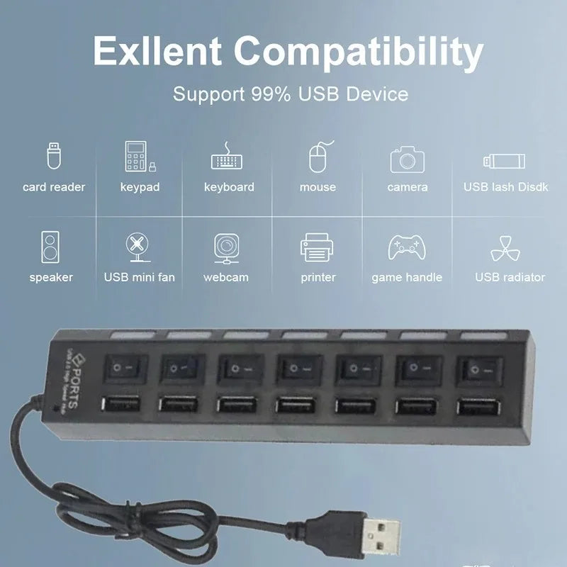 Switch Extension Hub 7-port USB2.0 Hub Computer USB Extension Hub One Drag Seven USB2.0 Splitter PC Laptop DesktopSwitch Extensi