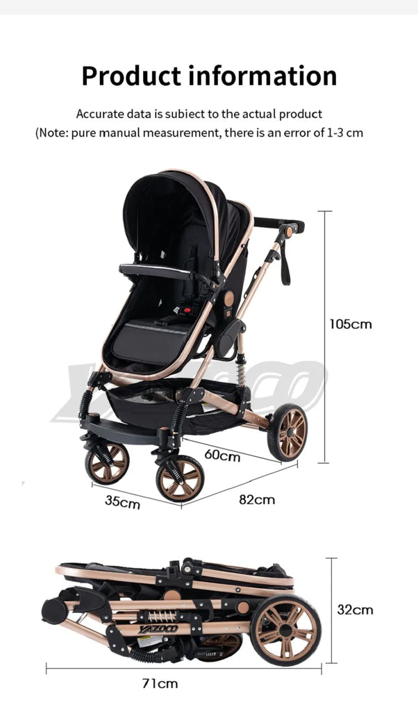 Luxurious 3 in 1 Baby Stroller Portable Travel Baby Carriage Folding Prams Aluminum Frame High Landscape Car for Newborn Baby BLACK