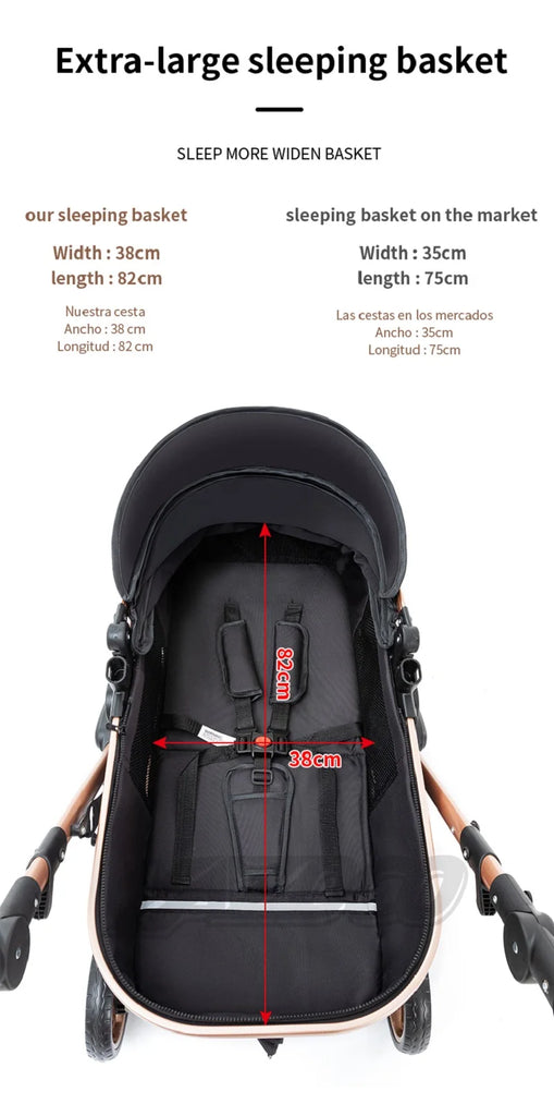 Luxurious 3 in 1 Baby Stroller Portable Travel Baby Carriage Folding Prams Aluminum Frame High Landscape Car for Newborn Baby BLACK