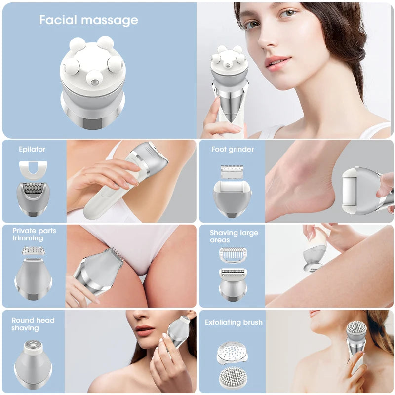 7in1 Electric Razor Bikini Line Trimmer Facial Massager Foot Callus Remover Body Hair Removal for Women Men Waterproof Epilator