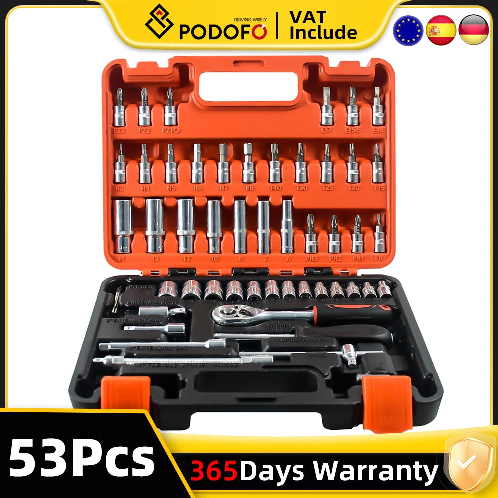 53Pcs Ratchet Wrench Tool Set with Sockets 1/4 inch Drive Bit Socket Set Grade Chrome Vanadium Mechanics Tool Auto Repair