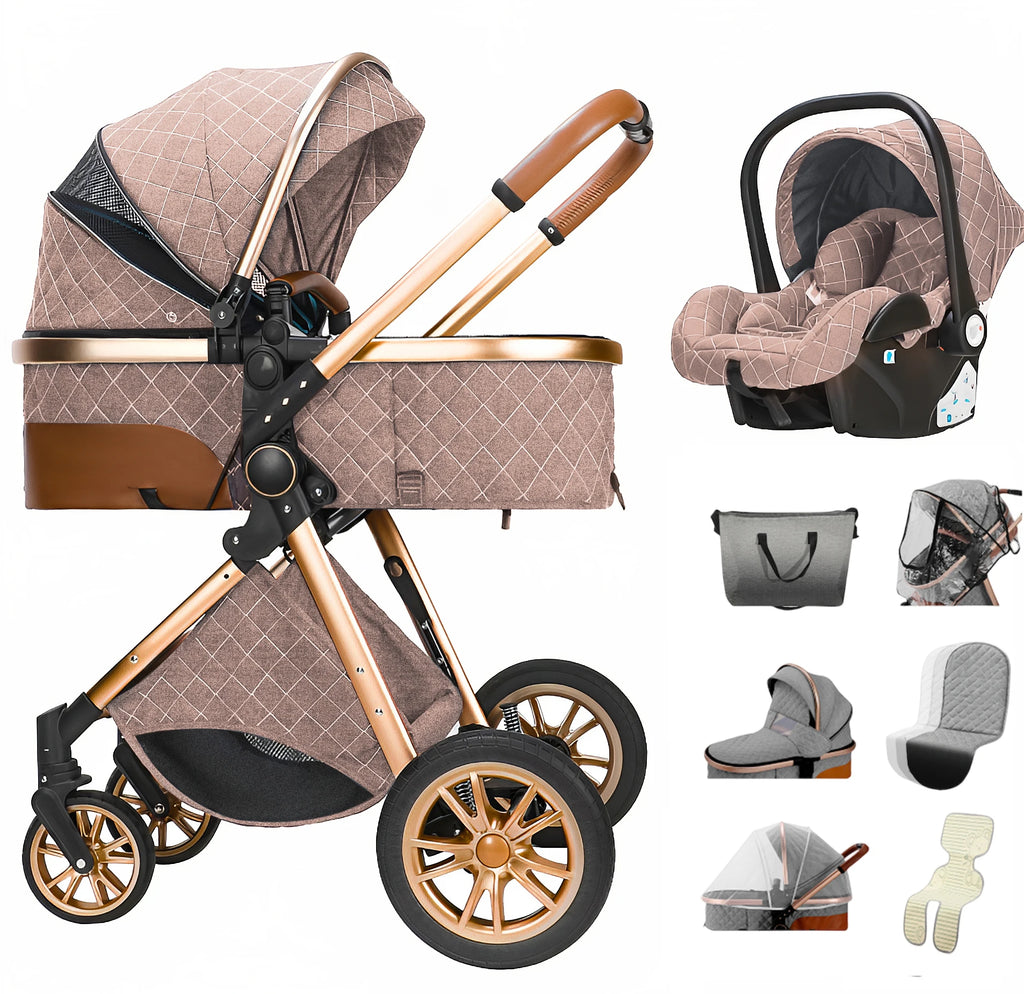 Luxurious Baby Stroller 3 in 1 Portable Travel Baby Carriage Folding Prams High Landscape Aluminum Frame Car for Newborn Baby