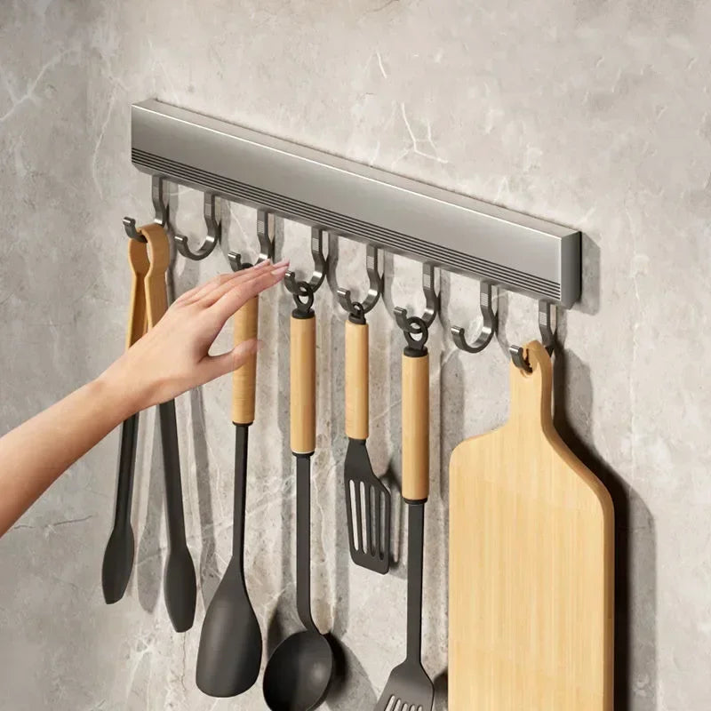 Kitchen Hook Wall Mounted Kitchen Storage Rack Storage Row Hook Holder No Punch Shelves with Movable Hook Kitchen Utensil