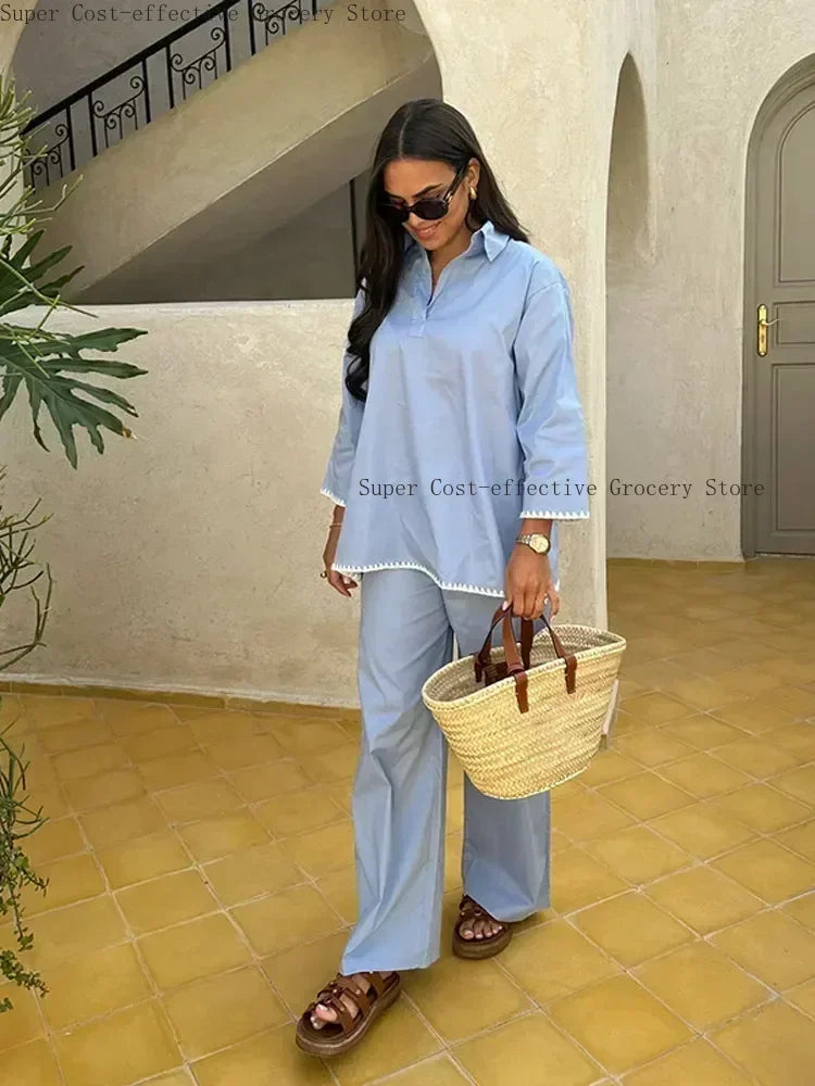 Women Vintage Solid Loose Pants Suit Lapel Single Breasted Long Sleeve Shirt Wide Leg Pants 2 Pcs Set 2025 New Ladies Streetwear