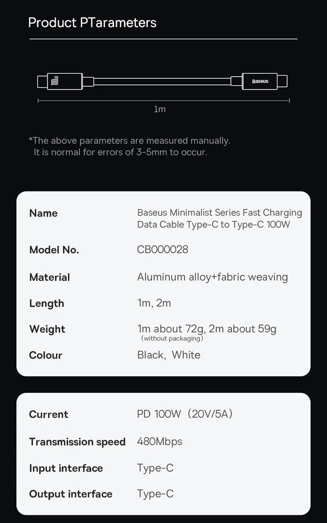 Baseus 100W USB C To Type C Cable For iPhone  16 15 Plus Pro Max PD Fast Charging Charger Cable For Macbook Xiaomi Samsung