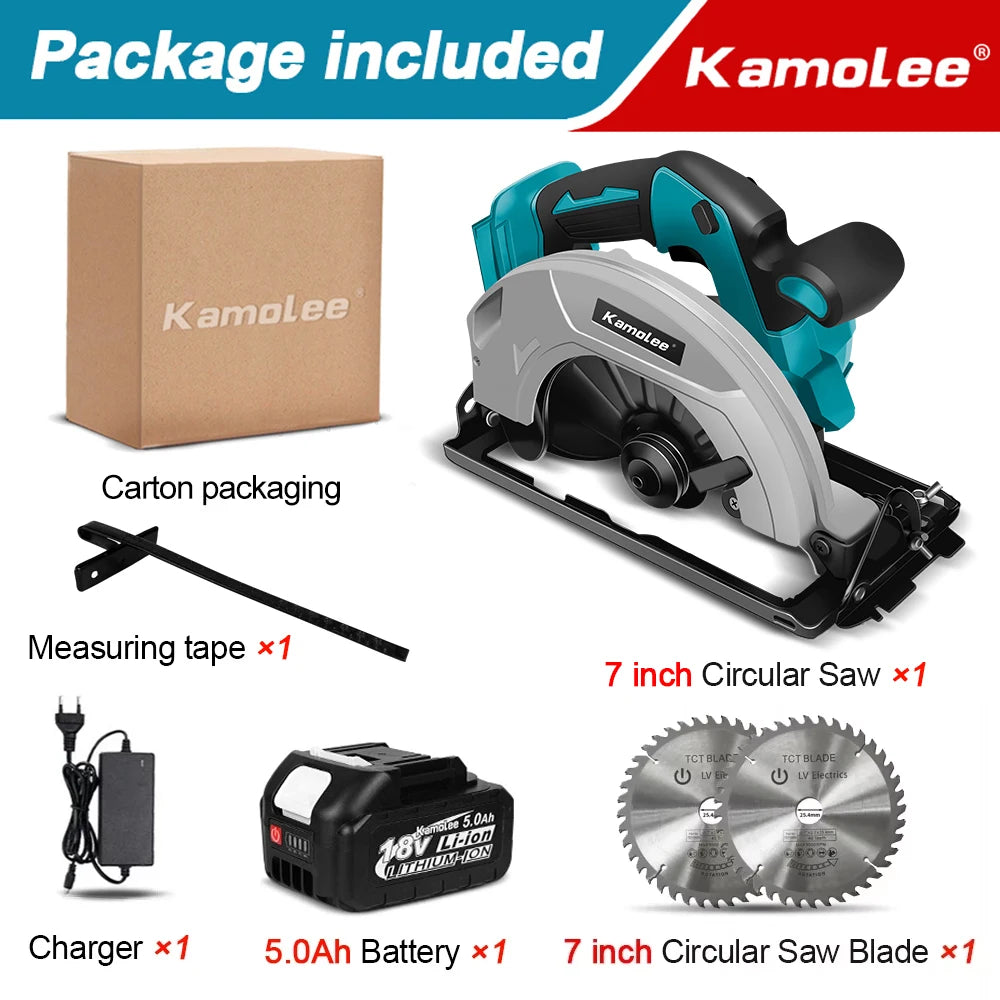 Kamolee 7 inch 21V 6.0Ah 6000mAh Electric Circular Saw  for Home DIY Apply to 18V 21V Battery