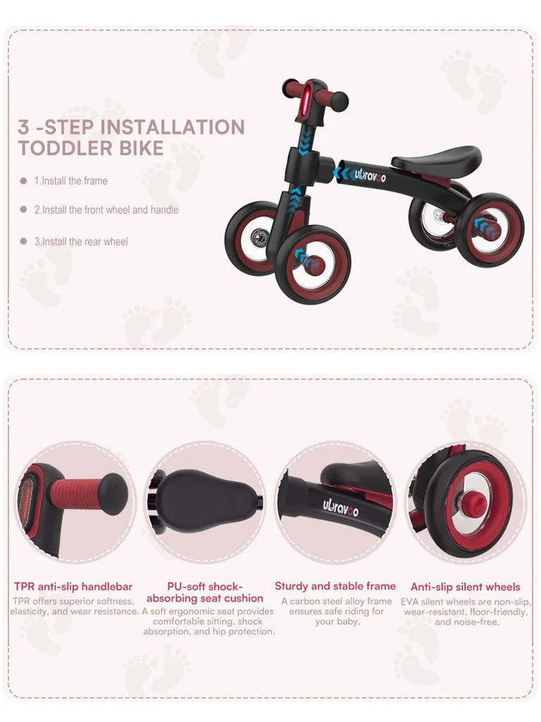 Ubravoo Baby Slide Balance Bike for 12-24 Months,3-Mode Headlight & 4 Transparent Silence Wheels, Riding on Toys Birthday Gifts