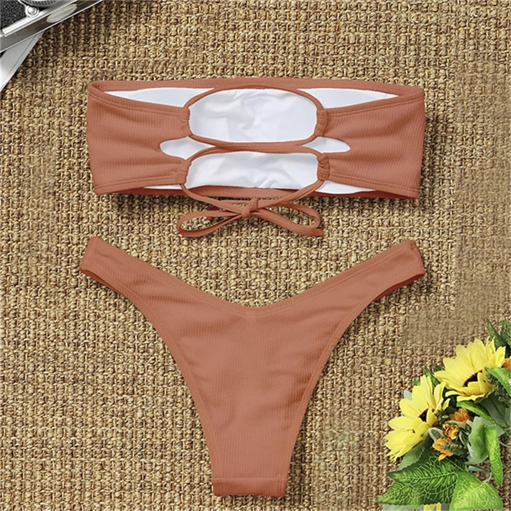Sexy Textured Bikini 2024 Bandeau Swimsuit Women Swimwear Push Up Bikini Set Solid Bathing Suit Beach Wear Biquini Female