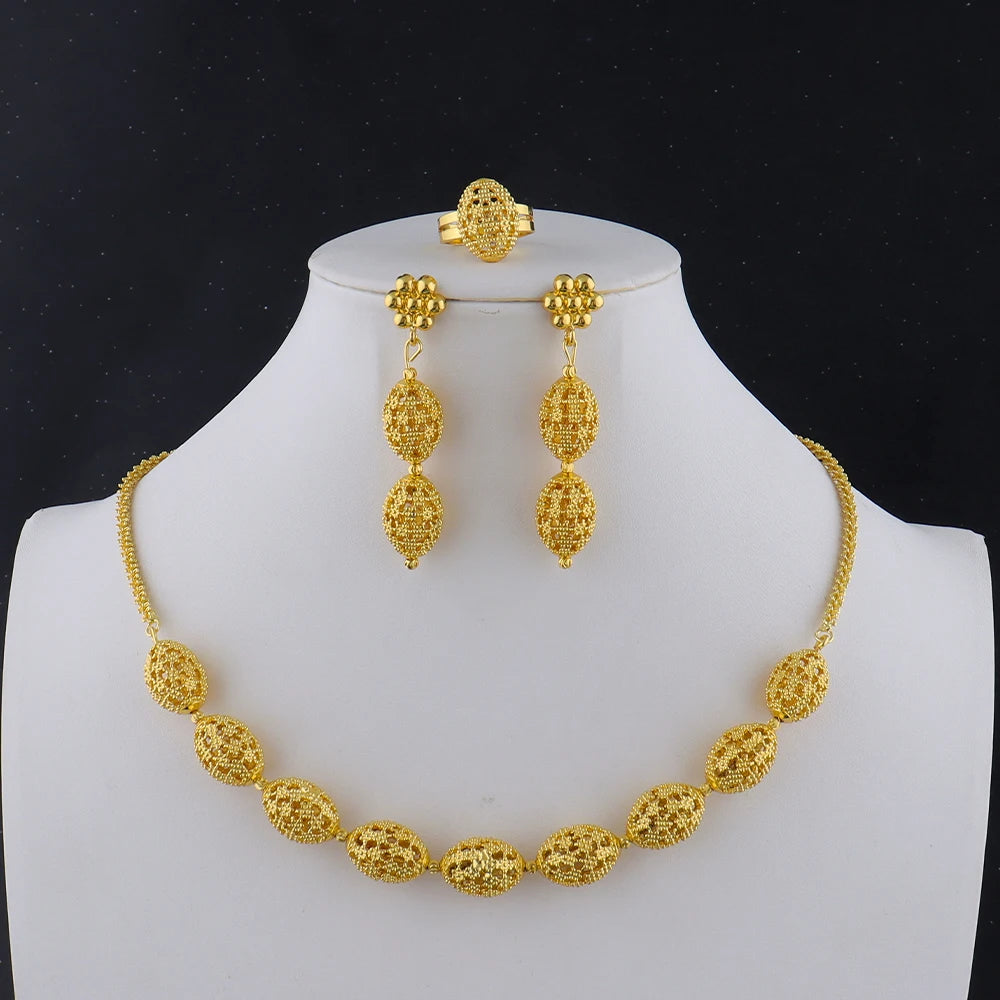 24k gold necklace and earrings rings set for women luxury jewelry nigeria bridal  Wedding party jewellery set accessories