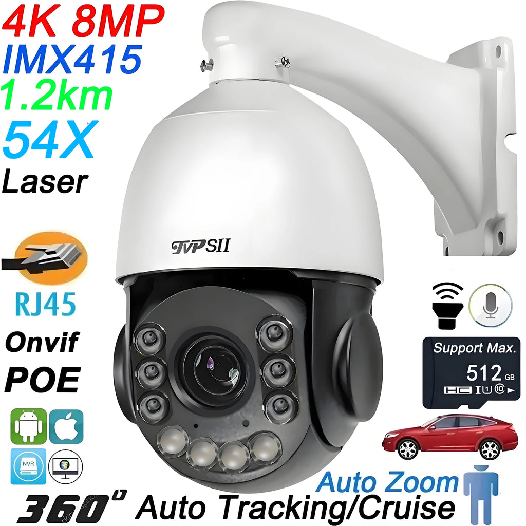 Laser Infrared Metal Auto Tracking Cruise 8MP 4K 54X Optical Zoom 360° Audio ONVIF POE PTZ Speed Dome Surveillance IP Camera