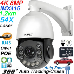 Laser Infrared Metal Auto Tracking Cruise 8MP 4K 54X Optical Zoom 360° Audio ONVIF POE PTZ Speed Dome Surveillance IP Camera