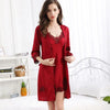 Women Long Twinset Robe Set Sexy Lace Trim Wedding Bathrobe Kimono Gown Sleepwear Elegant Ice Silk Nightgown Loungewear Homewear