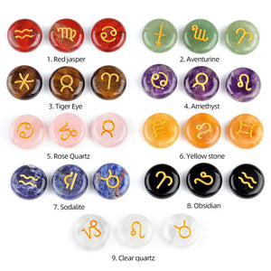 12pcs 18mm Round Zodiac Ornament Natural Stone Crystal Agate 12 Zodiac Sign Rune Reiki Stone Jewelry Accessories Christmas Gift