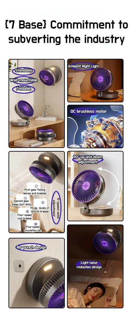 Foldable Desktop Fan Mini  Wall-Mounted Fan With Warm Night Light Rechargeable 4 Gears Adjustable Portable Air Circulation Fan - Mighty Dollars