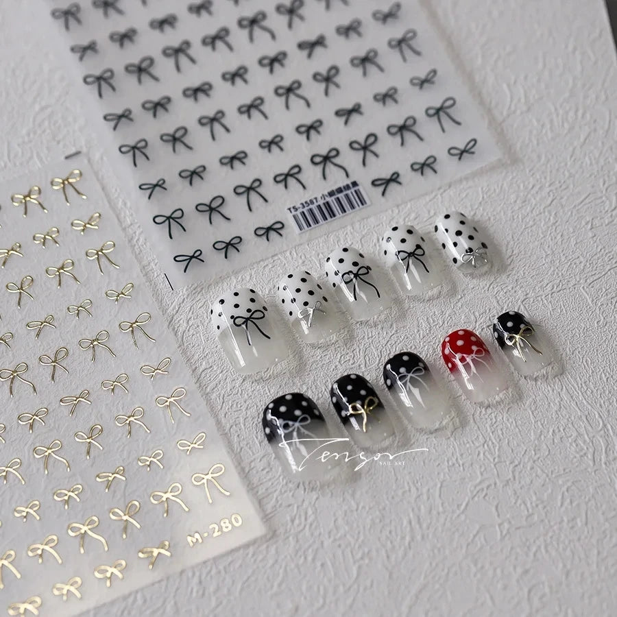 Lovely Gold Silver Black White Line Bowknot 3D Self Adhesive Nail Art Decorations Stickers Ribbon Cute Manicure Decals Wholesale