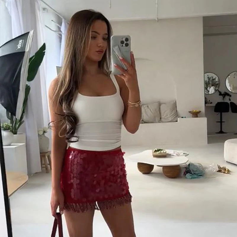 Sexy Sequined Halter Skirt Set Women Sleeveless Lace Up Tops Hip Package A-line Skirts 2025 Summer Lady Chic Party Beach Outfits