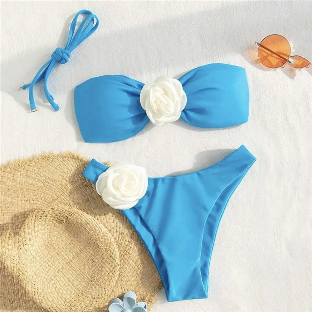 Sexy Flower Bandeau Swimwear Thong Bikini 2025 Women Lace-up Swimsuit Swimming Bathing Suit Brazilian Bikinis Sets Mujer Biquini