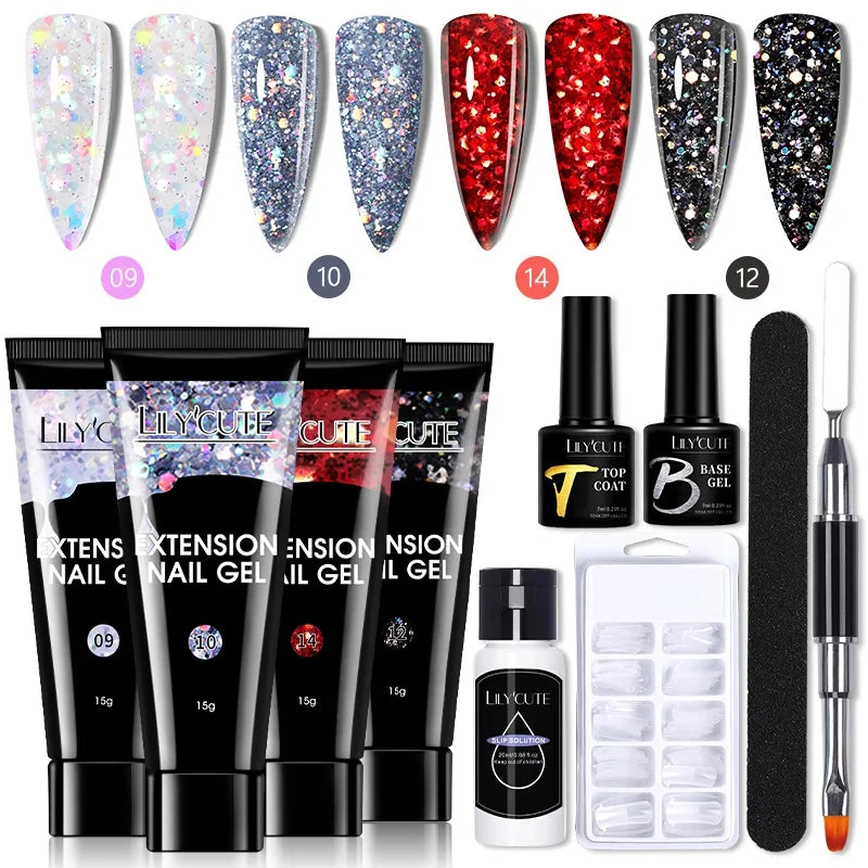 LILYCUTE 15ml Nail Extension Gel Kit Soak Off UV Gel Acrylic White Clear Pink Gel Nail Polish LED Lamp Manicure Set For Nail Art