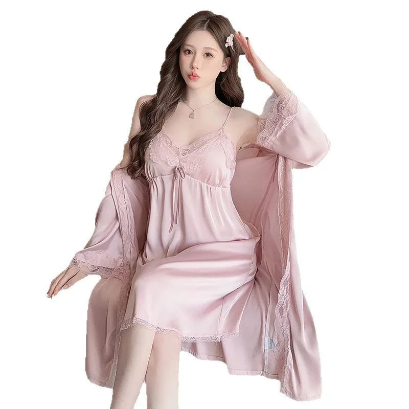 Sexy Lace Wedding Nighty&Robe Set Dress New Women Nightwear Suspender Nightgown Chemise Sleepwear Lingerie Silk Satin Home Wear