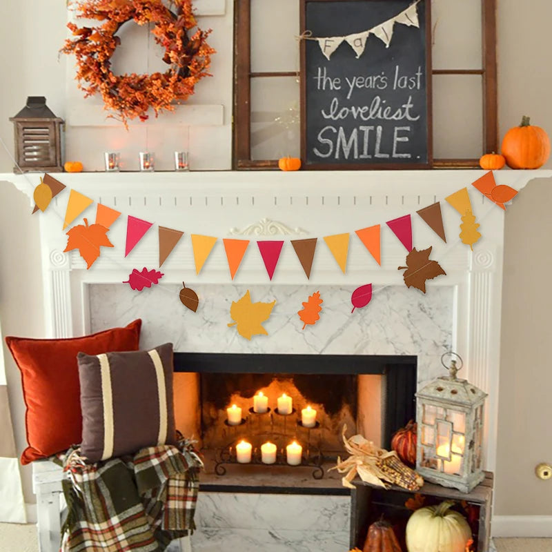 Autumn Leaves Maple Garlands Round Paper Thanksgiving Banner String Home Birthday Party Holiday DIY Wall Fireplace Hanging Decor