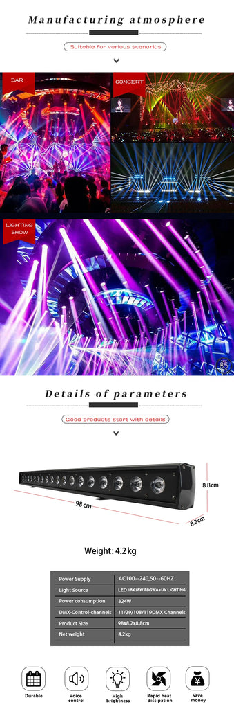 SHEHDS 2/4pcs LED Wall Wash Bar 18x18W RGBWA+UV 6in1 Lighting For Dj Disco Indoor Horse Race Lamp Christmas Decorations