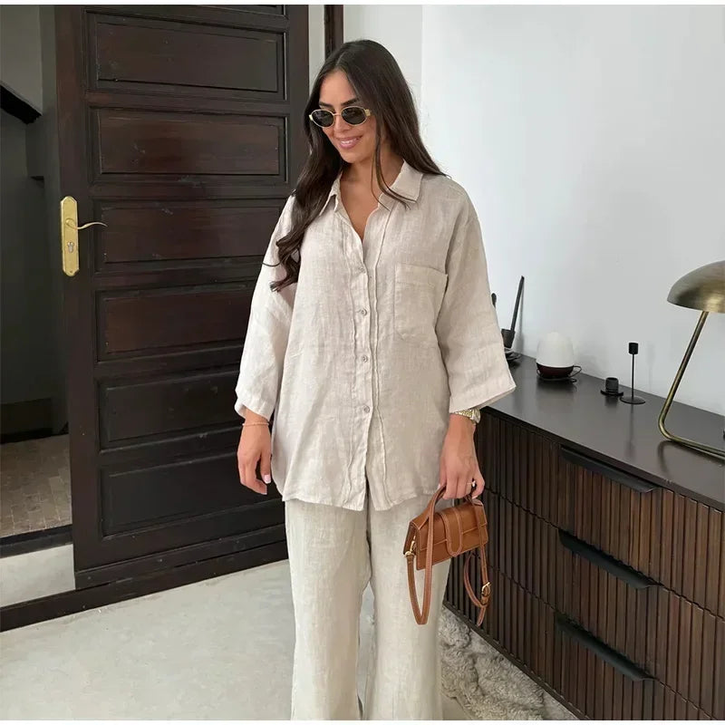 Women Vintage Solid Loose Pants Suit Lapel Single Breasted Long Sleeve Shirt Wide Leg Pants 2 Pcs Set 2025 New Ladies Streetwear