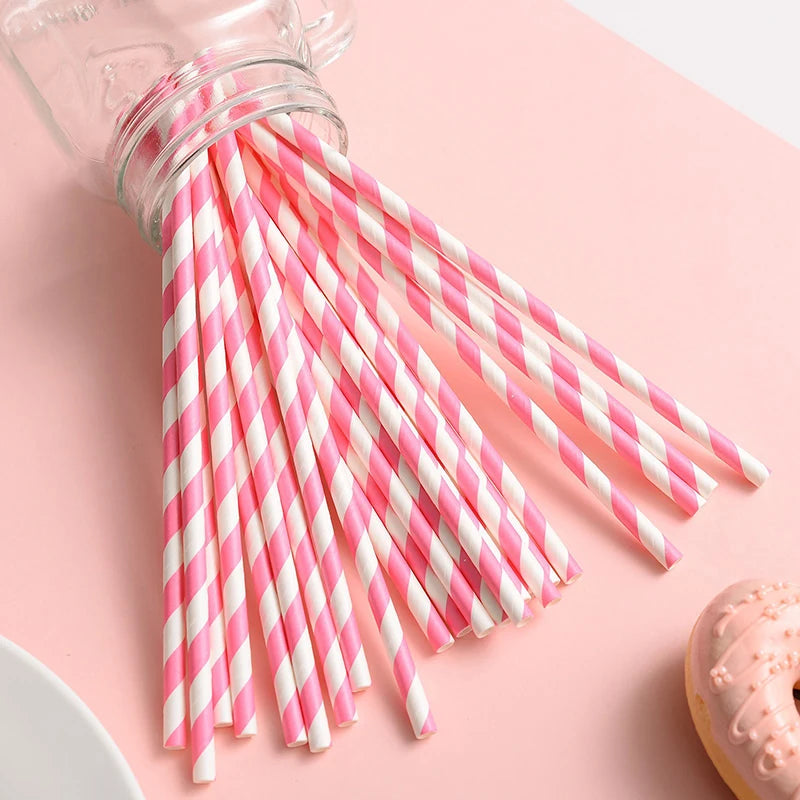 25PCS Party Straws For Juice Cocktails Smoothies Birthday Wedding Christmas Decorations Biodegradable Pink Paper Straws