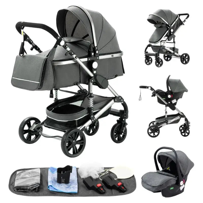 Luxurious 3 in 1 Baby Stroller Portable Travel Baby Carriage Folding Prams Aluminum Frame High Landscape Car for Newborn Baby BLACK