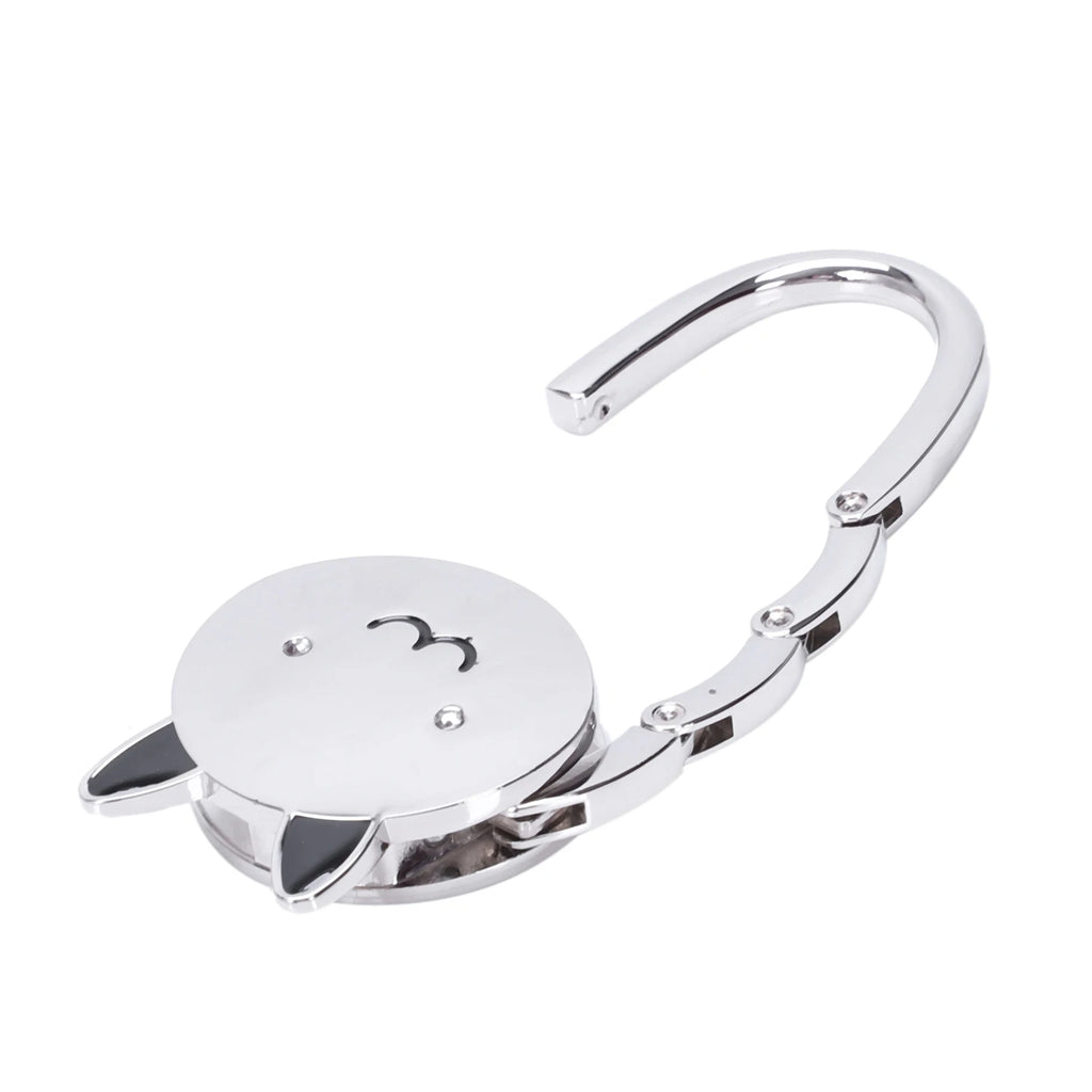 Black Cat Cartoon Foldable Silver Tone Handbag Hook Antislip Rubber Base