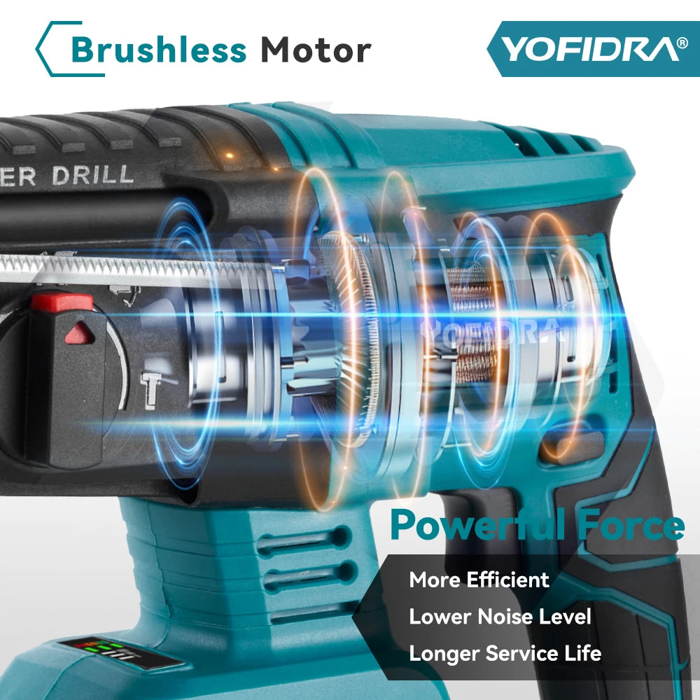 YOFIDRA 26MM Brushless Electric Hammer Drill Multifunctional Rotary Cordless Rechargeable Power Tools For Makita Battery Pin