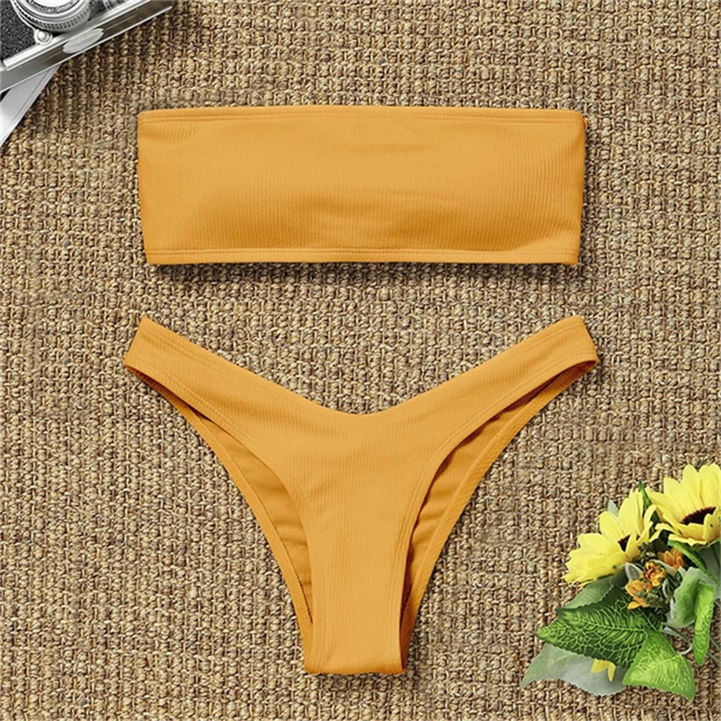 Sexy Textured Bikini 2024 Bandeau Swimsuit Women Swimwear Push Up Bikini Set Solid Bathing Suit Beach Wear Biquini Female