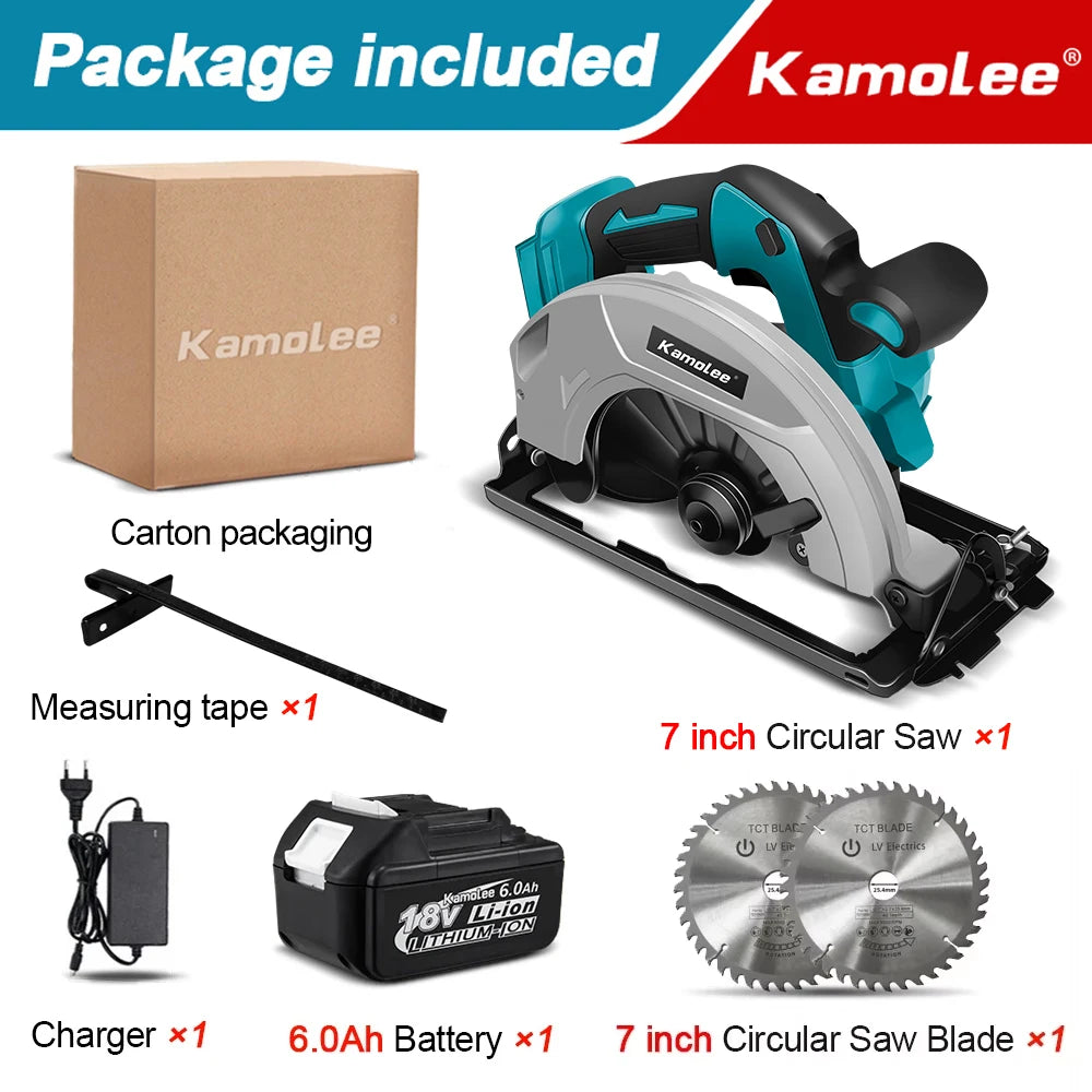 Kamolee 7 inch 21V 6.0Ah 6000mAh Electric Circular Saw  for Home DIY Apply to 18V 21V Battery