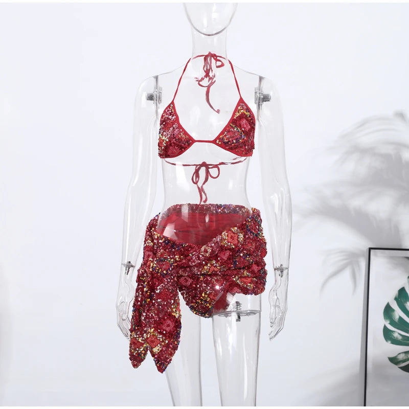 Sexy Sequin Bikini Skirt Sets Women Halter Backless Sleeveless Bikinis Lace Up Slim Mini Skirts Set 2025 Summer Lady Beach Suits