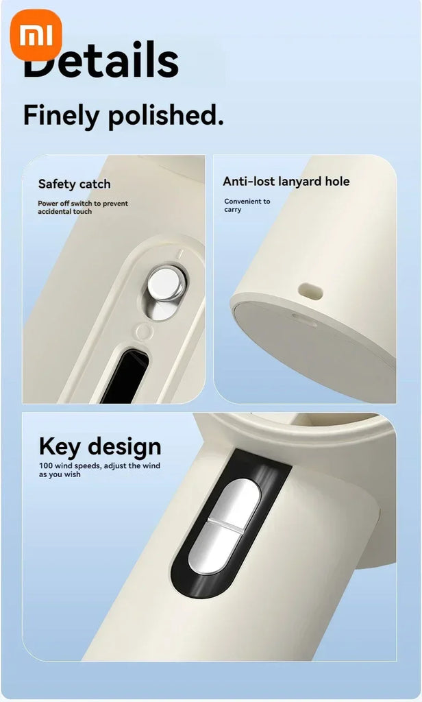 Xiaomi Ultra Silent Handheld Fan, 100 Speed USB Rechargeable Portable Mini Turbo Fan with LED Indicator for Office and Traveling