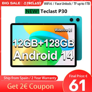 Teclast P30 Android 14 Tablet, 10.1 Inches 1280X800, Unisoc T606 Octa Core, 12Gb Ram (4Gb+8Gb Expansion), 128Gb Rom (Supports 1Tb Tf), 5Mp+2Mp, 6000Mah, Type C, Wi-Fi 6, Mali G57