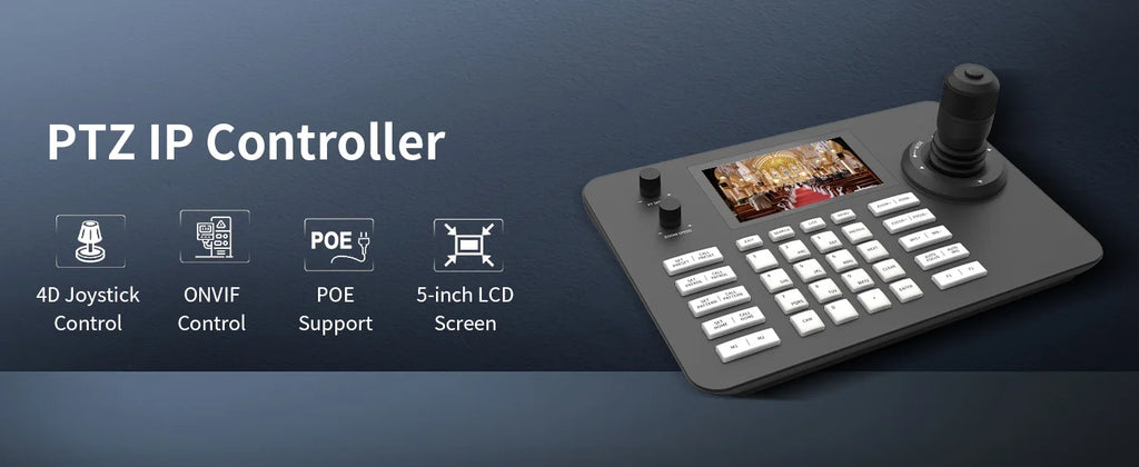 PTZ Controller 5 Inch LCD Screen Decoding H.264 and H.265 Network Support POE Support ON VIF 4D Joystick Decoding Keyboard