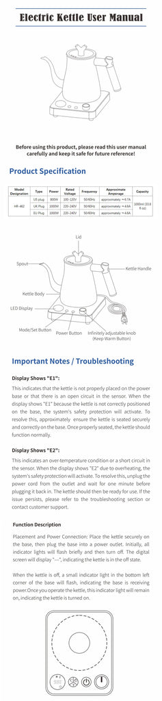1000ML Smart Temperature Control Electric Kettle - Auto Shut-Off & Boil-Dry Protection - Stainless Steel Pour-Over Coffee &