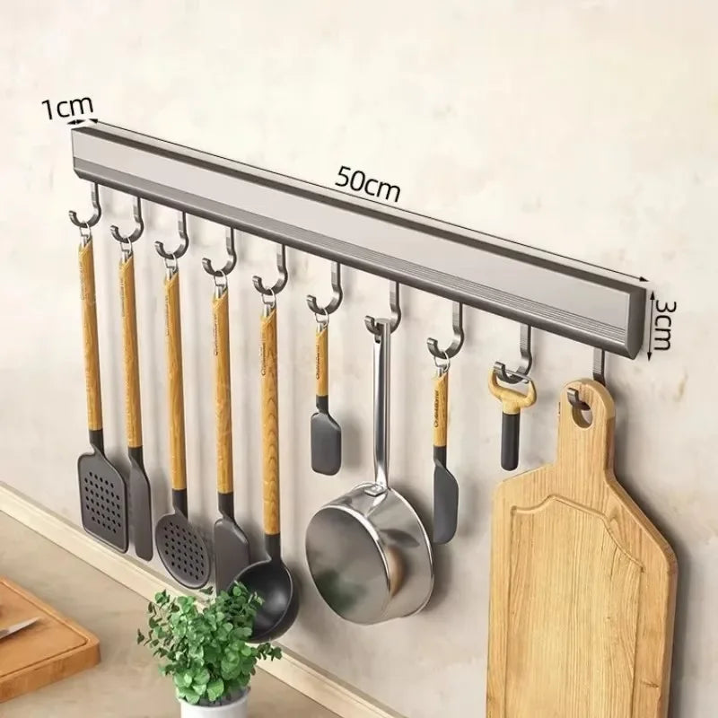 Kitchen Hook Wall Mounted Kitchen Storage Rack Storage Row Hook Holder No Punch Shelves with Movable Hook Kitchen Utensil