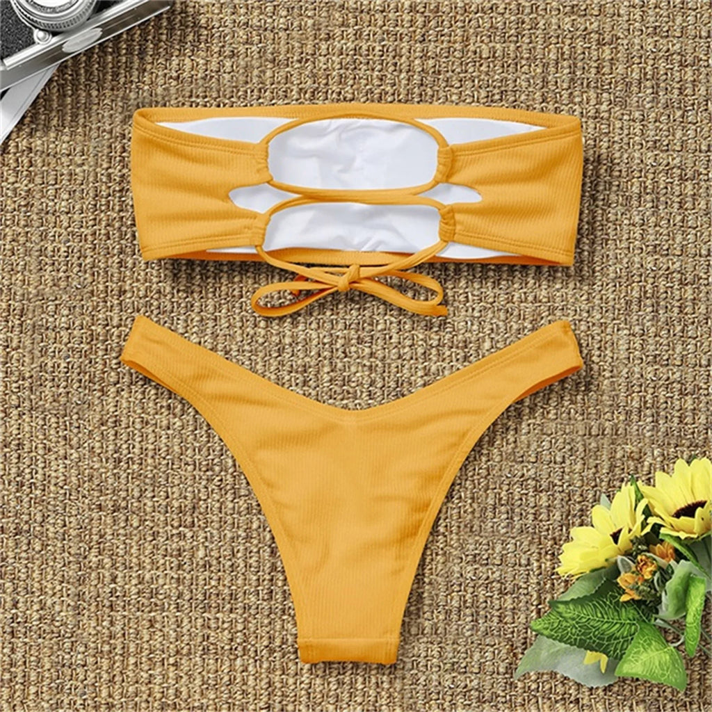 Sexy Textured Bikini 2024 Bandeau Swimsuit Women Swimwear Push Up Bikini Set Solid Bathing Suit Beach Wear Biquini Female
