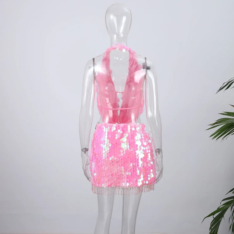 Sexy Sequined Halter Skirt Set Women Sleeveless Lace Up Tops Hip Package A-line Skirts 2025 Summer Lady Chic Party Beach Outfits