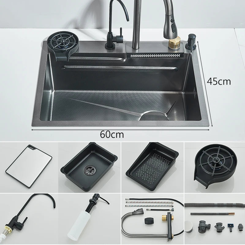 304Stainless Steel Waterfall Kitchen Sink Large Single Slot Integrated 60X45cm Faucet Set Soap Dispenser/Pure Water/Cup Washer