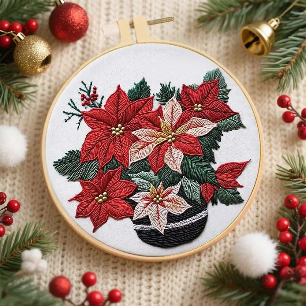 1set Embroidery Kits Flower With Hoop Needlework Suitable Beginners Pattern Floral Thread DIY Handmade Home Decor