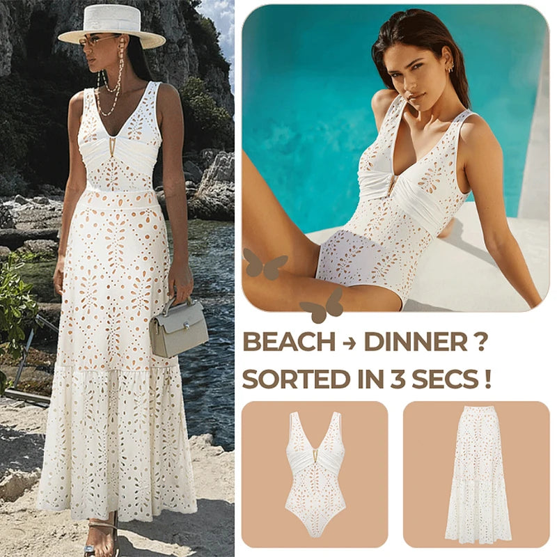 Women Bikini Set Swimsuit Sexy V Neck Solid Color Laser Cutting Flower Swimsuit Beachwear Luxury Summer Beachwear Dress